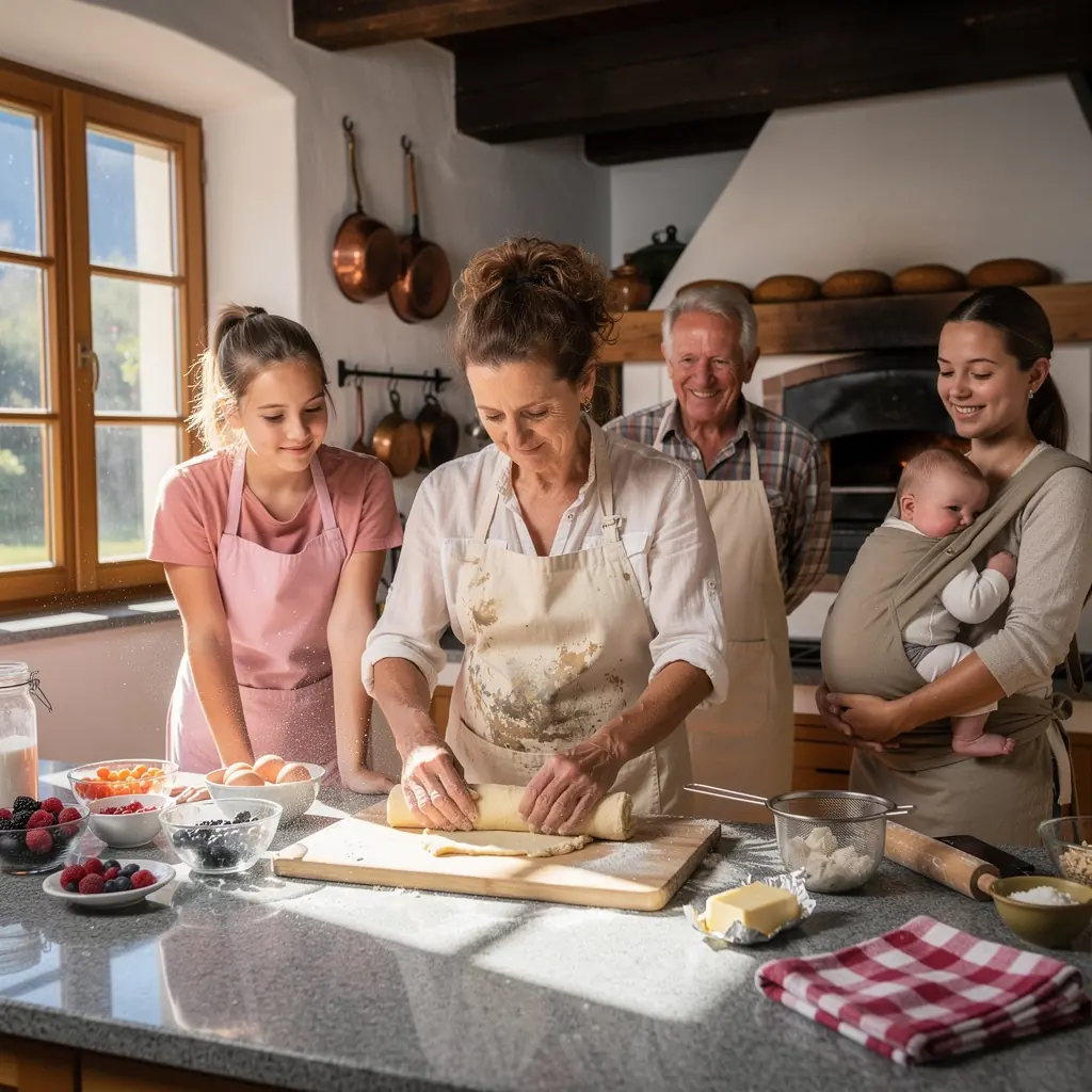 Ein Bäcker, der frischen Teig knetet und auf einer bemehlten Arbeitsfläche arbeitet.